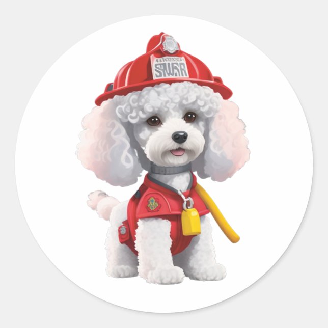 Adesivo Vinheta de Bombeiros de Poodle Branca (Frente)
