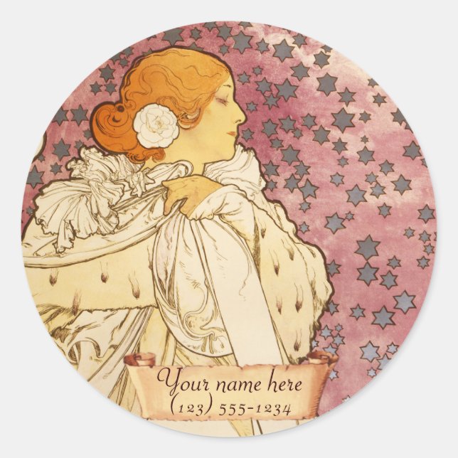 Adesivo Vinheta de Bookplate de Mucha Art Nouveau (Frente)