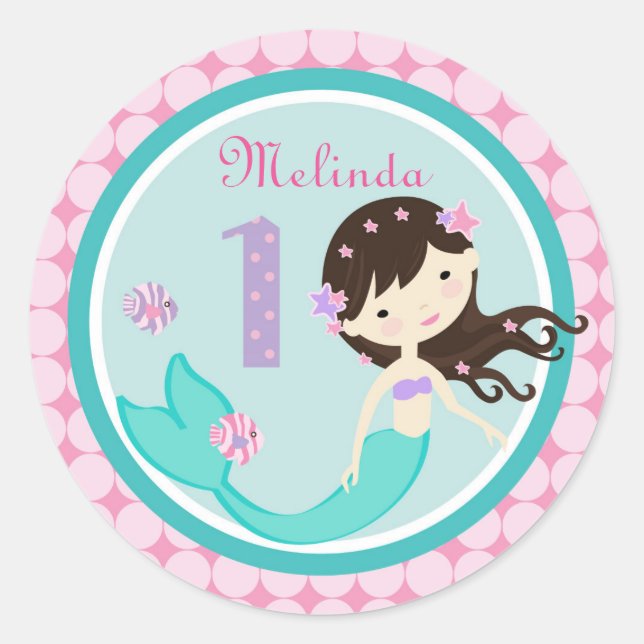 Adesivo Vinheta de Brunette Mermaid Age 1 Aniversário (Frente)