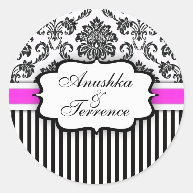Adesivo Vinheta de Casamento com Stripe de Damasco Preto e (Frente)