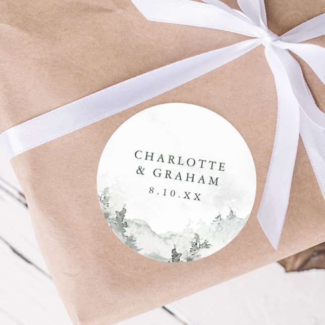 Adesivo Vinheta de Casamento da Floresta de Aquarela (Green and White Simple Minimalist Watercolor Forest Wedding Sticker
)