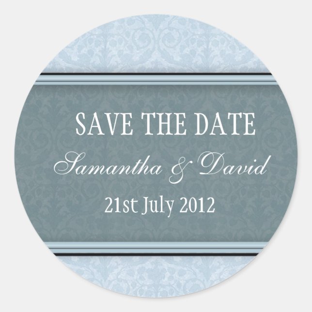 Adesivo Vinheta de Casamento de Monograma com Damasco Azul (Frente)