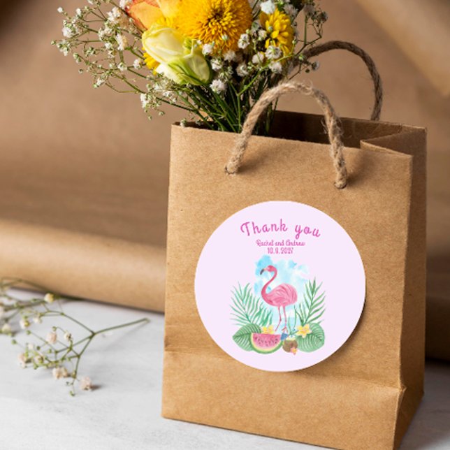 Adesivo Vinheta de Casamento Flamingo, Tropical Watercolor (Tropical Watercolor Flamingo Wedding Sticker)