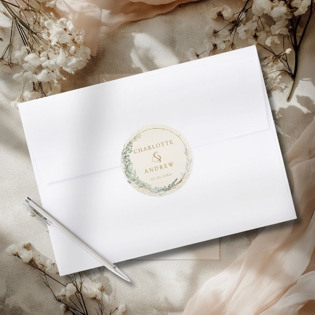 Adesivo Vinheta de casamento moderna e elegante de eucalip (Modern Elegant Eucalyptus Wedding Sticker with your Name & date.)