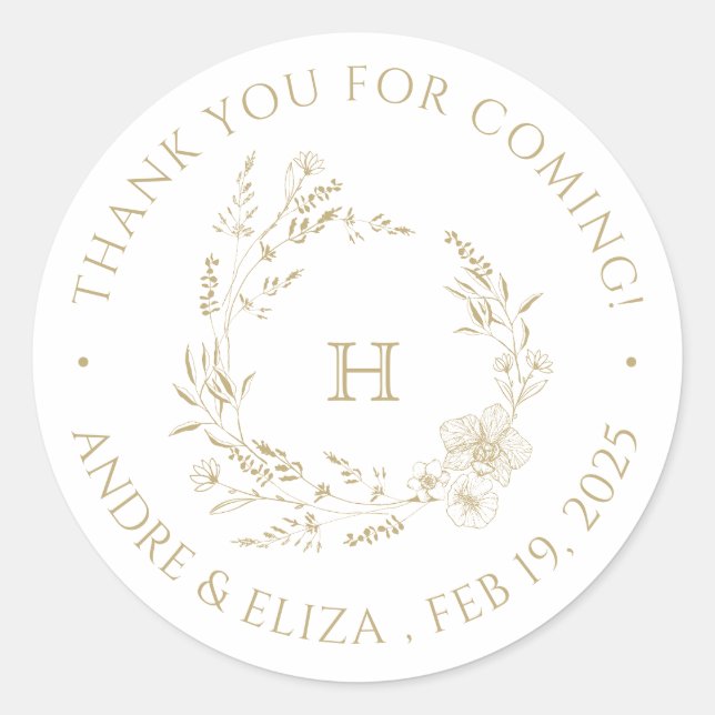 Adesivo Vinheta de Casamento Monograma Dourado Botânico (Frente)