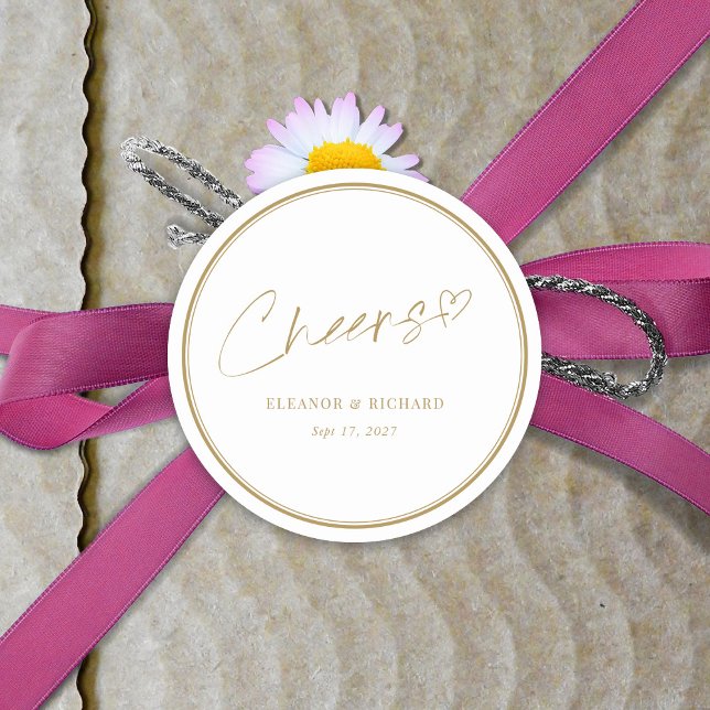 Adesivo Vinheta de Casamento - Saúde! Letra branca e Doura (Wedding Sticker - Cheers! White & Gold Lettering Customize)