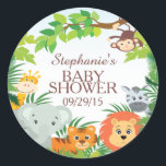 Adesivo Vinheta de Chá de fraldas da Selva Safari Cute<br><div class="desc">Taco Safari Selgle Chá de fraldas Favor. Nosso bonitinho chá de fraldas safari da selva apresentando um macaco pendurado em uma árvore,  girafa,  elefante,  tigre,  leão e zebra emoldurado com folhas verdes da selva. Itens correspondentes disponíveis em nosso compro.</div>
