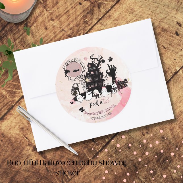 Adesivo Vinheta de Chá de fraldas de Halloween "Peek a Boo (Peek a Boo Halloween Baby Shower Sticker)