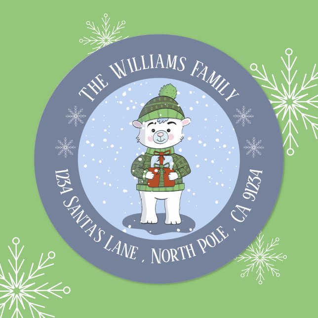 Adesivo Vinheta de Endereço de Regresso de Feriado Azul de (Cute polar bear blue Holiday return address round stickers . )