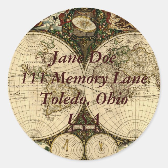 Adesivo Vinheta de Endereços do Mapa do Mundo Antigo (Frente)