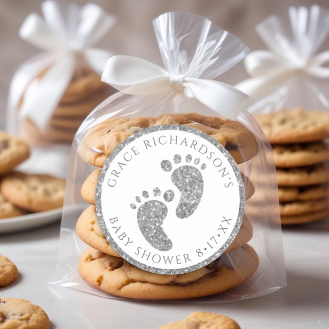 Adesivo Vinheta de Favor do Chá de fraldas Glitter Silver (Silver Glitter Baby Feet Favor Sticker)