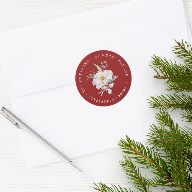 Adesivo Vinheta de fecho de Envelope Botânico de Natal (Red Holiday Return Address Envelope Seal Merry Christmas Watercolor Floral Botanical Berries)