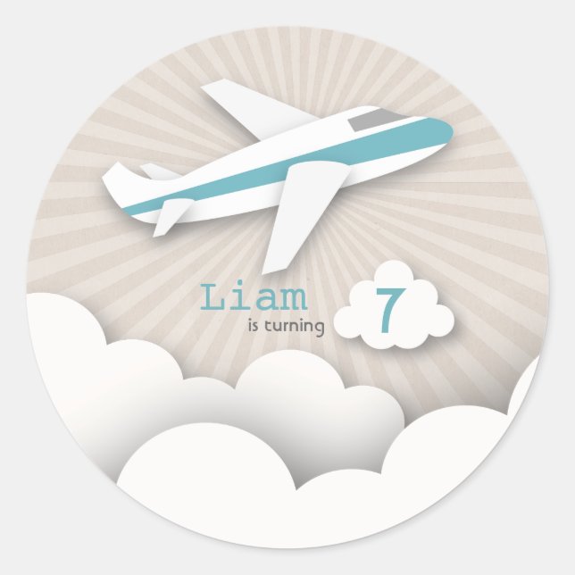 Adesivo Vinheta de Festa de aniversário de avião azul (Frente)