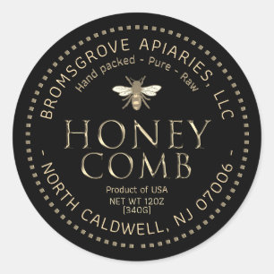 Adesivo Vinheta de mel preto Metálico Dourado com abelhas