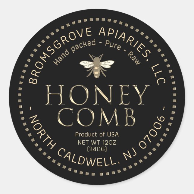 Adesivo Vinheta de mel preto Metálico Dourado com abelhas (Frente)