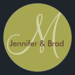 Adesivo Vinheta de Monograma Verde Marrom de Noiva de Casa<br><div class="desc">Personalizável com seus nomes,  monogramas e centenários de cores para escolher. por Elke Clarke ©2009. Mais designs disponíveis em WhiteWhimsicialWeddings.blogspot.com</div>