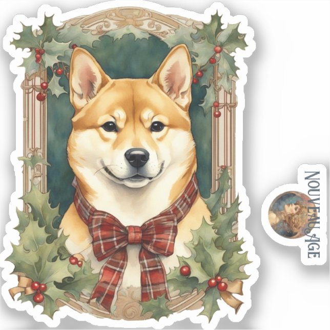 Adesivo Vinheta de Natal do Cachorro Shiba Inu (Frente)