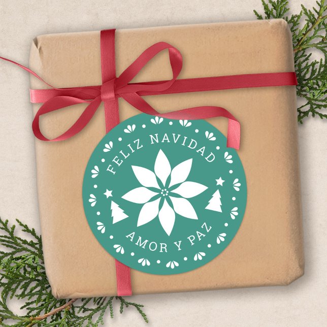 Adesivo Vinheta de Natal Feliz Navidad Poinsettia (Feliz Navidad Poinsettia Christmas Sticker by Fiesta Valley Print)