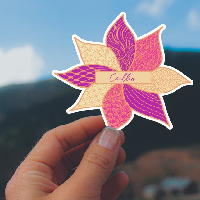 Adesivo Vinheta de nome da flor feliz personalizada (Personalized Happy Flower Custom Cut Sticker in Pink)