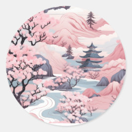 Adesivo Vinheta de paisagem japonesa rosa e Cinza