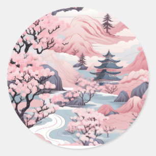 Adesivo Vinheta de paisagem japonesa rosa e Cinza