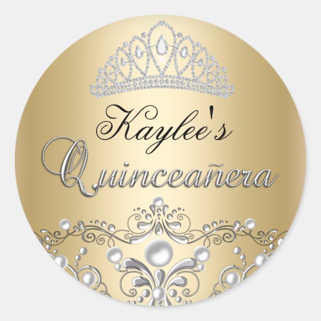 Adesivo Vinheta de Quinceanera, prata e Damasco Dourado (Frente)