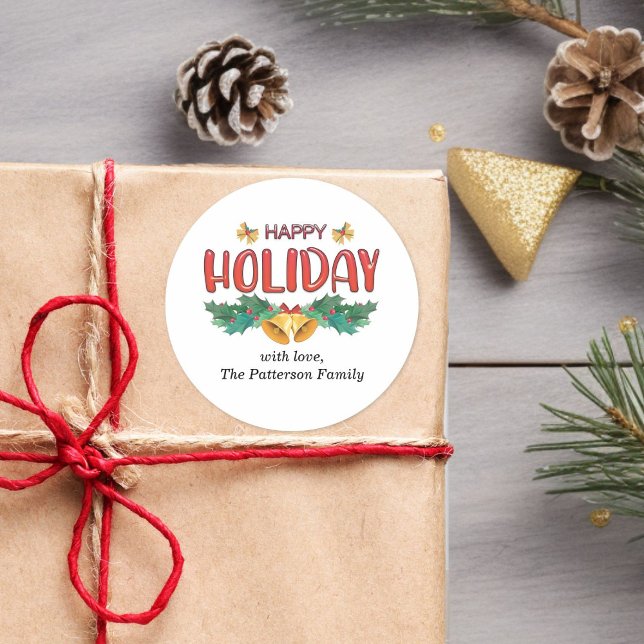 Adesivo Vinheta de Sinais de Feriado Clássico e Nome da Fa (Custom Classic Holiday Bells & Holly Family Name Sticker)