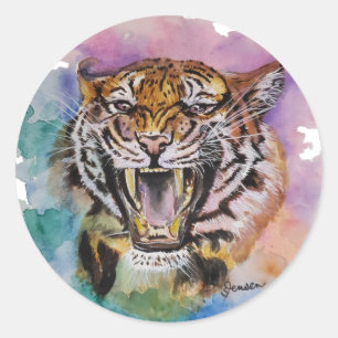 Adesivo Vinheta de Tigre Colorido de Aquarela