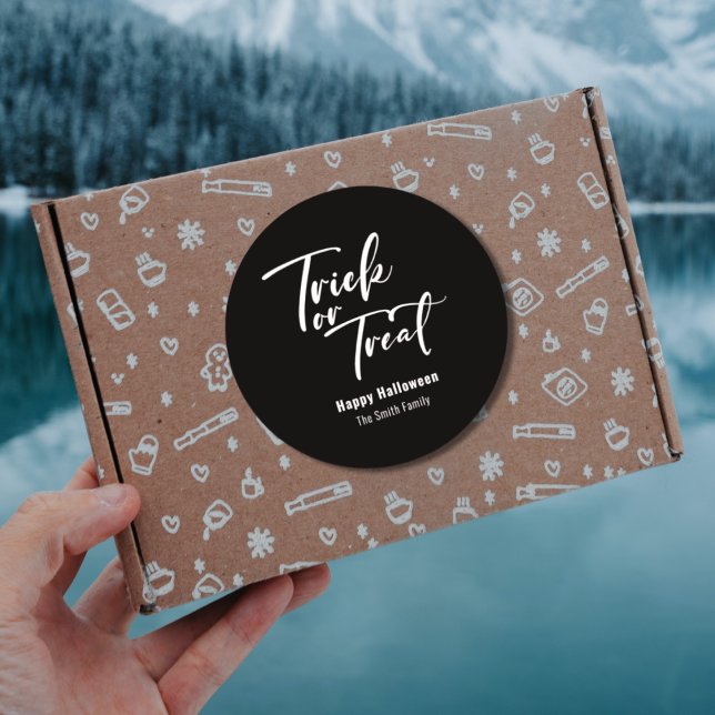 Adesivo Vinheta de Trick ou Tratar Favor de Halloween (Modern Script Trick or Treat Happy Halloween Sticker )