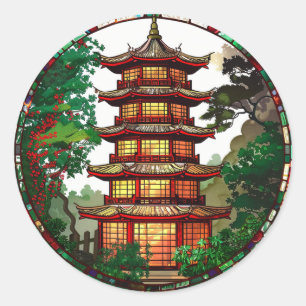 Adesivo Vinheta de vidro manchada tradicional Pagoda