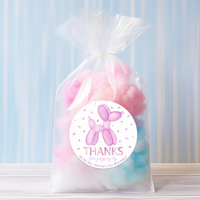 Adesivo Vinheta do animal do Balão Rosa (purple pastel watercolor 1st birthday party stickers)