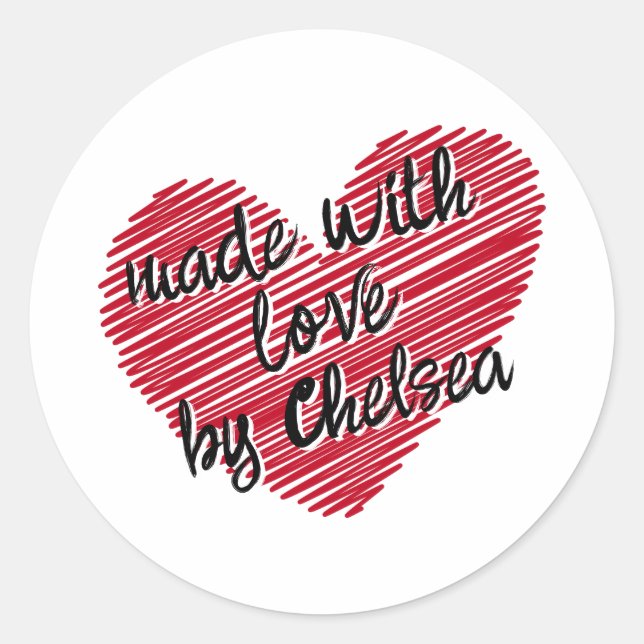 Adesivo Vinheta "Feita com Amor" de Coração Vermelho (Frente)