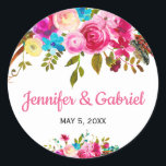 Adesivo Vinheta Floral de Primavera cor rosa fresca<br><div class="desc">Vibrante Primavera cor-de-água rosa-d-água adesivo/etiqueta floral fresca para o seu favor de presente. Romântica, rosa quente boêmica, rosa profundo, amarelo, azul claro, rosa pintado com aquarela púrpura, design de casamento com folhas verdes e penas em fundo branco. Escolha perfeita para primavera e casamentos de verão. #3338 Se precisar de ajuda...</div>