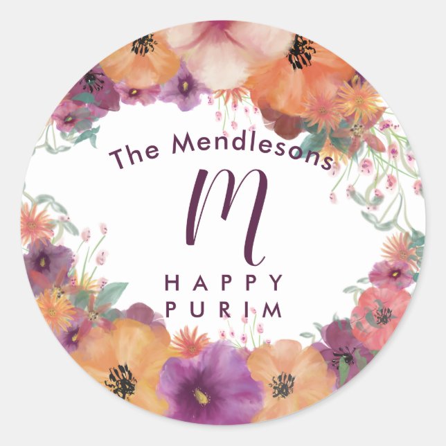 Adesivo Vinheta floral Feliz e Colorida Purim (Frente)