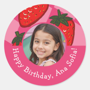 Adesivo Vinheta Personalizada de Morango de Aniversário Fe