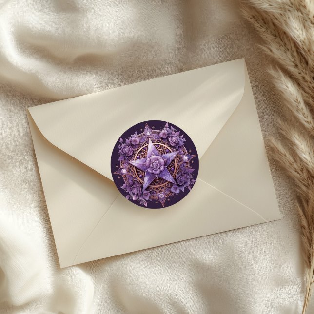 Adesivo Vinheta-pórtico-Rosa místico - Selo-púrpura (Mystic Rose Pentacle Sticker – Purple Witchy Seal on a neutral envelope)