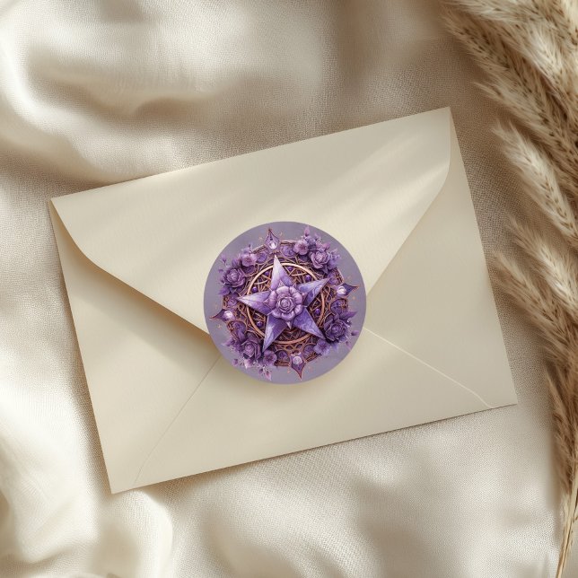 Adesivo Vinheta-pórtico-Rosa místico - Selo-púrpura (Mystic Rose Pentacle Sticker – Purple Witchy Seal on a neutral envelope)