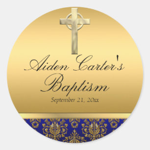 Adesivo Vinheta Real Azul Damasco e Batismo Cruz