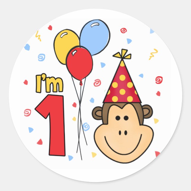 Adesivo Vinheta redonda clássica de aniversário do macaco (Frente)