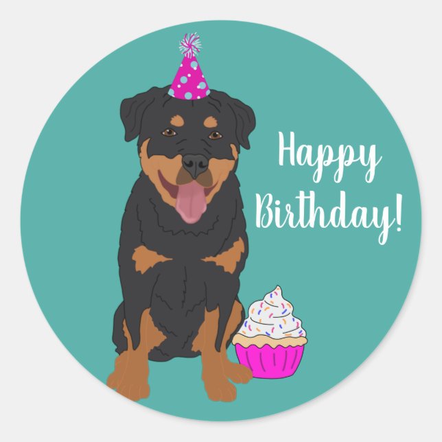 Adesivo Vinheta redonda clássica de aniversário rottweiler (Frente)