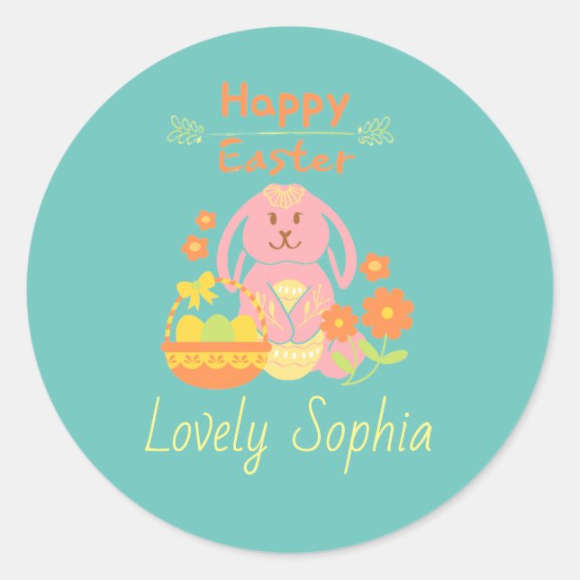 Adesivo Vinheta redonda clássica de coelho rosado a felz p (Frente)