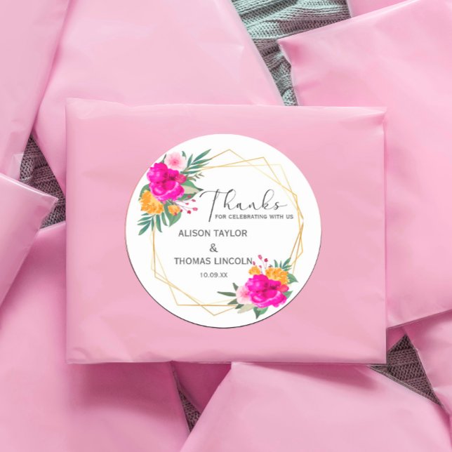 Adesivo Vinheta redonda clássica de Obrigados de Primavera (watercolor flowers in shades of pink and white in rustic garden greenery. #wildflowers #chic #floral)