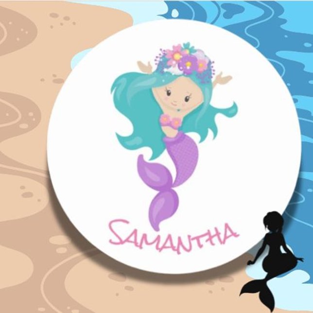 Adesivo Vinheta redonda Clássica Roxo de Partido Sereia (Brighten your day with the Mermaid Pink Sea Friends Sticker )
