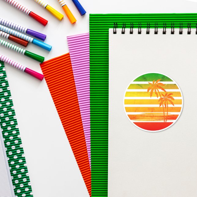 Adesivo Vinheta redonda clássica sunset com árvore de palm (Criador carregado)