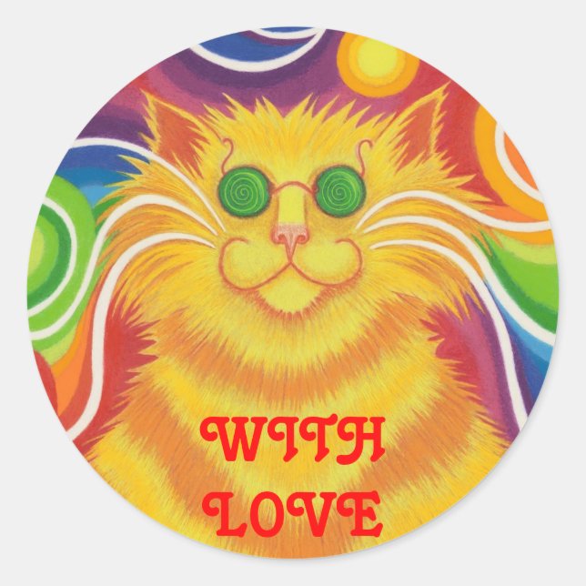 Adesivo Vinheta redonda "Com amor", delic "com gato-psy" (Frente)