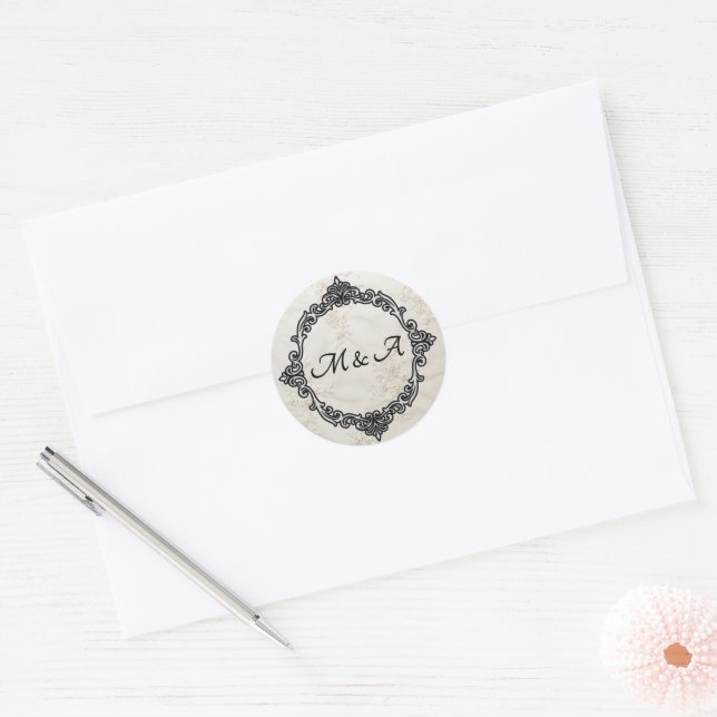 Adesivo Vinheta redonda de casamentos de rendas bordadas (Envelope)