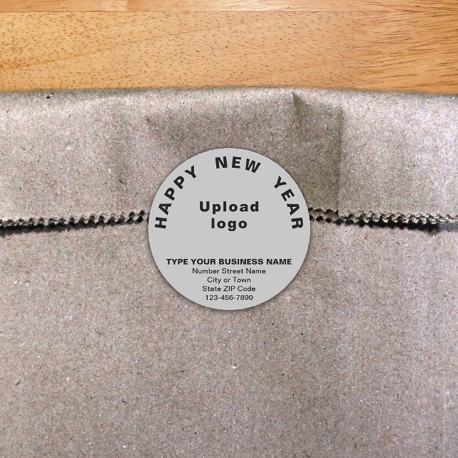Adesivo Vinheta-redonda de Cinzas de Ano Novo para Empresa (New Year greeting with your business brand on gray round shape sticker.)