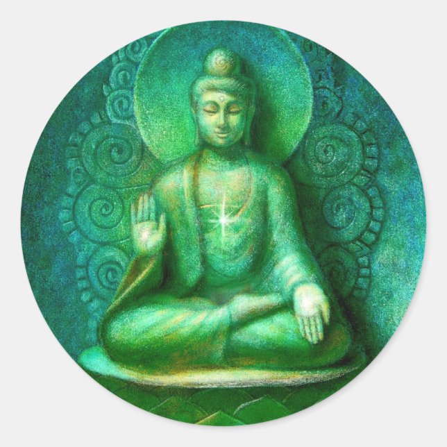 Adesivo Vinheta Redonda de Meditação Buda Verde Zen (Frente)
