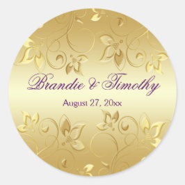 Adesivo Vinheta redonda Dourada Floral e Roxo de 1,5"