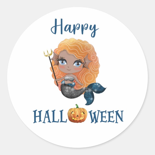 Adesivo Vinheta redonda Feliz Halloween Garota Sereia (Frente)